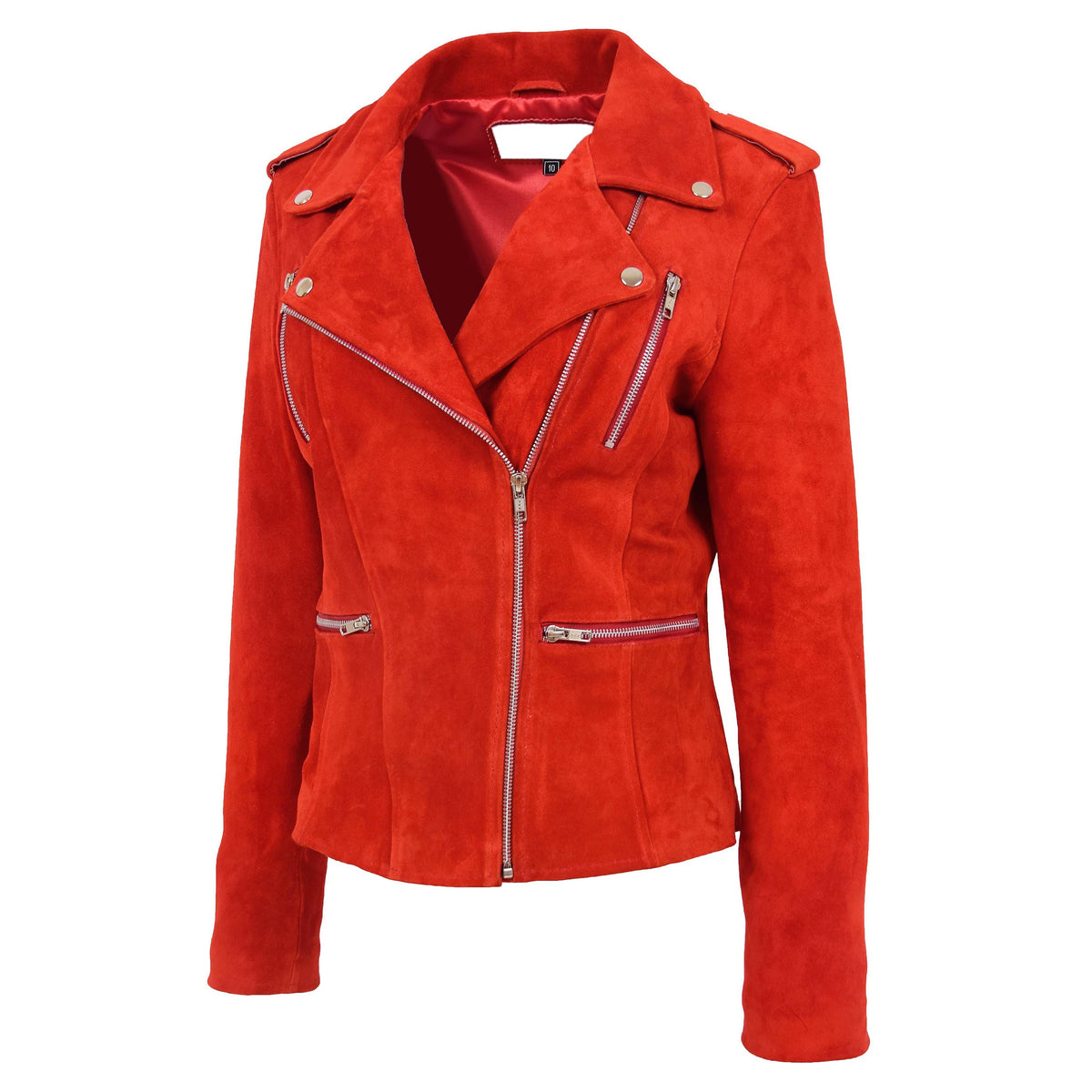Womens Suede Biker Style Zip Jacket Skylar Red - genuine suede jacket in red with four outer pockets