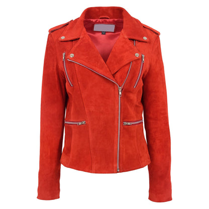 Womens Suede Biker Style Zip Jacket Skylar Red - genuine suede jacket in red with four outer pockets
