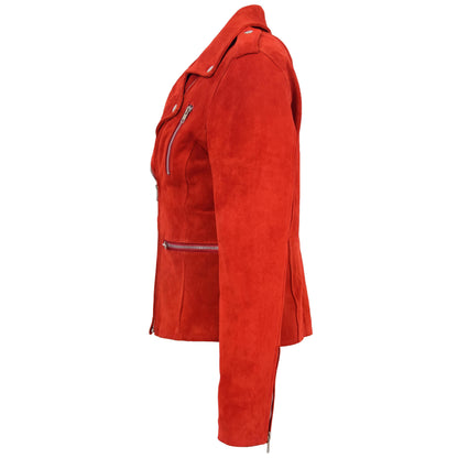 Womens Suede Biker Style Zip Jacket Skylar Red - genuine suede jacket in red with biker