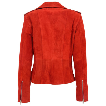Womens Suede Biker Style Zip Jacket Skylar Red - genuine suede jacket in red with four outer pockets