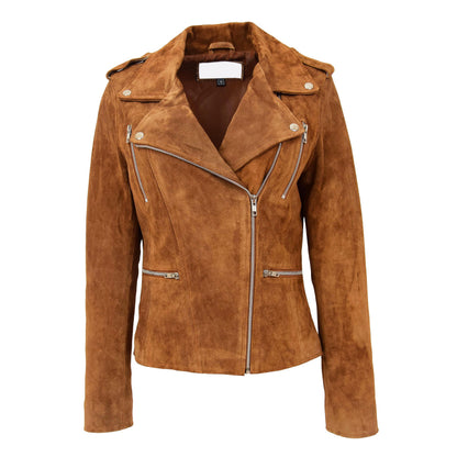 Womens Suede Biker Style Zip Jacket Skylar Tan - genuine suede jacket in tan with biker