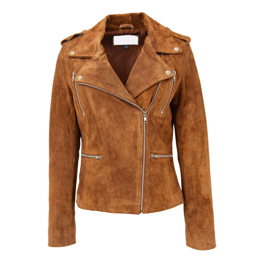 Womens Suede Biker Style Zip Jacket Skylar Tan - genuine suede jacket in tan with biker