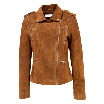 Womens Suede Biker Style Zip Jacket Skylar Tan - genuine suede jacket in tan with four outer pockets
