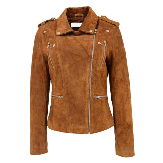 Womens Suede Biker Style Zip Jacket Skylar Tan - genuine suede jacket in tan with four outer pockets