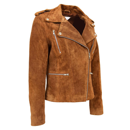 Womens Suede Biker Style Zip Jacket Skylar Tan - genuine suede jacket in tan with four outer pockets