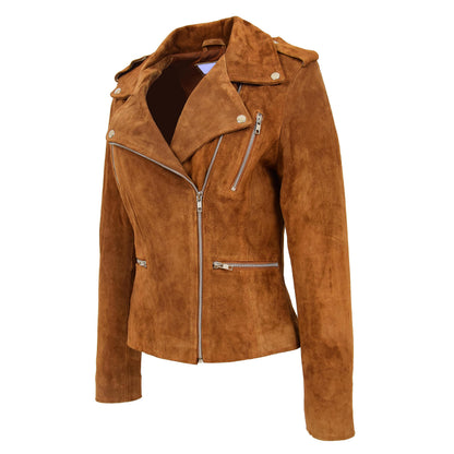 Womens Suede Biker Style Zip Jacket Skylar Tan - genuine suede jacket in tan with biker