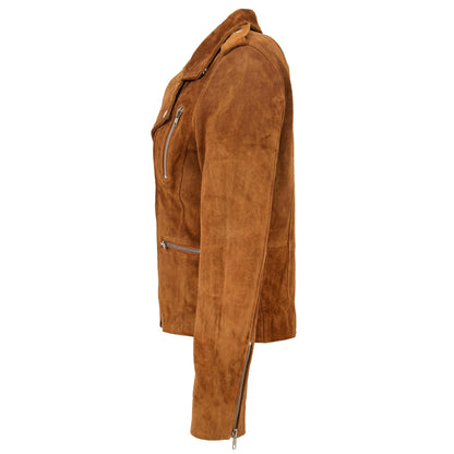 Womens Suede Biker Style Zip Jacket Skylar Tan - genuine suede jacket in tan with biker