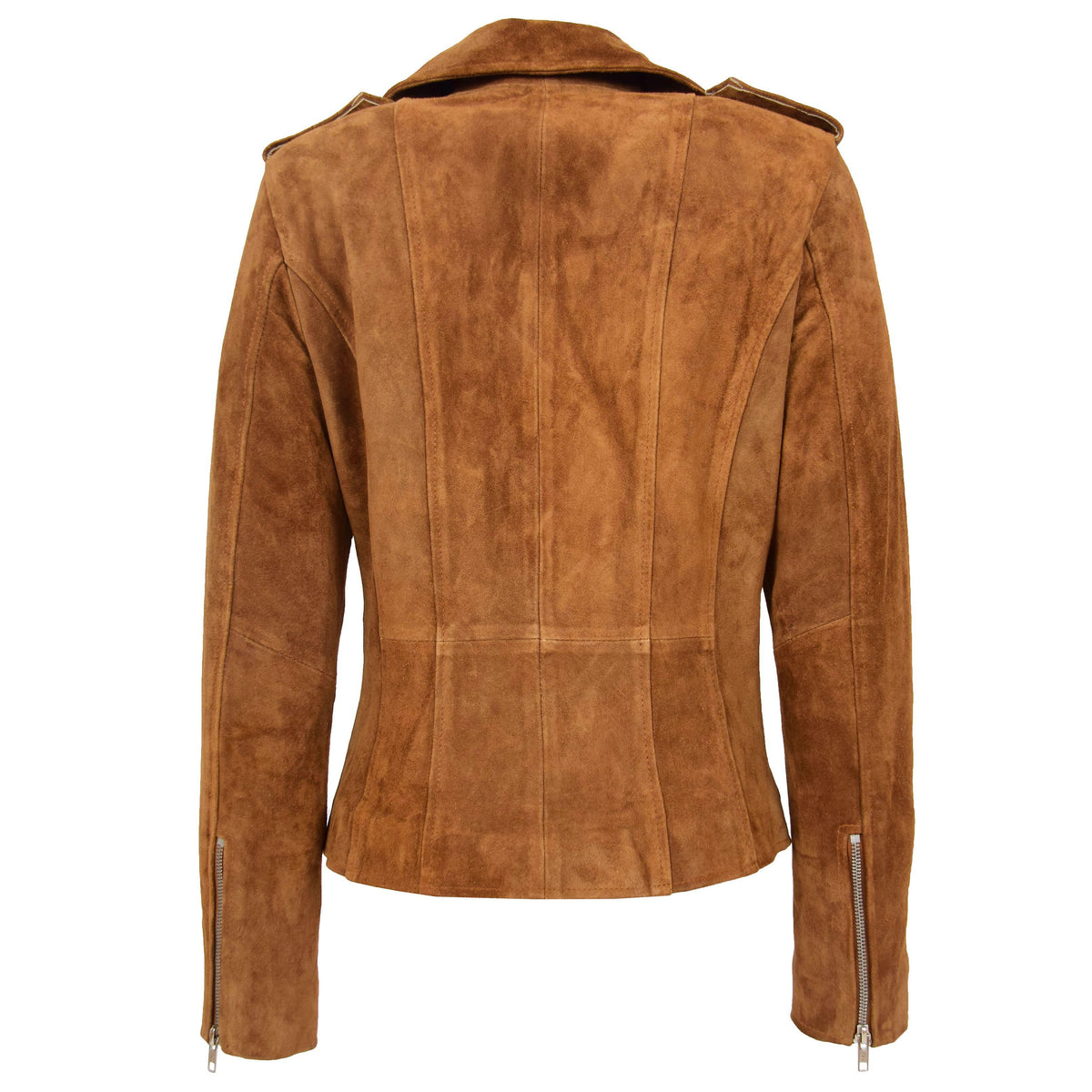 Womens Suede Biker Style Zip Jacket Skylar Tan - genuine suede jacket in tan with four outer pockets