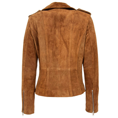 Womens Suede Biker Style Zip Jacket Skylar Tan - genuine suede jacket in tan with four outer pockets