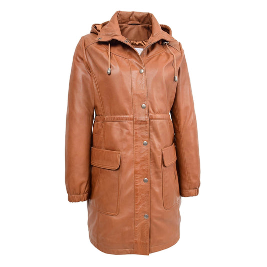 Womens 3/4 Length Leather Duffle Coat Kyra Tan - genuine leather coat in tan with duffle