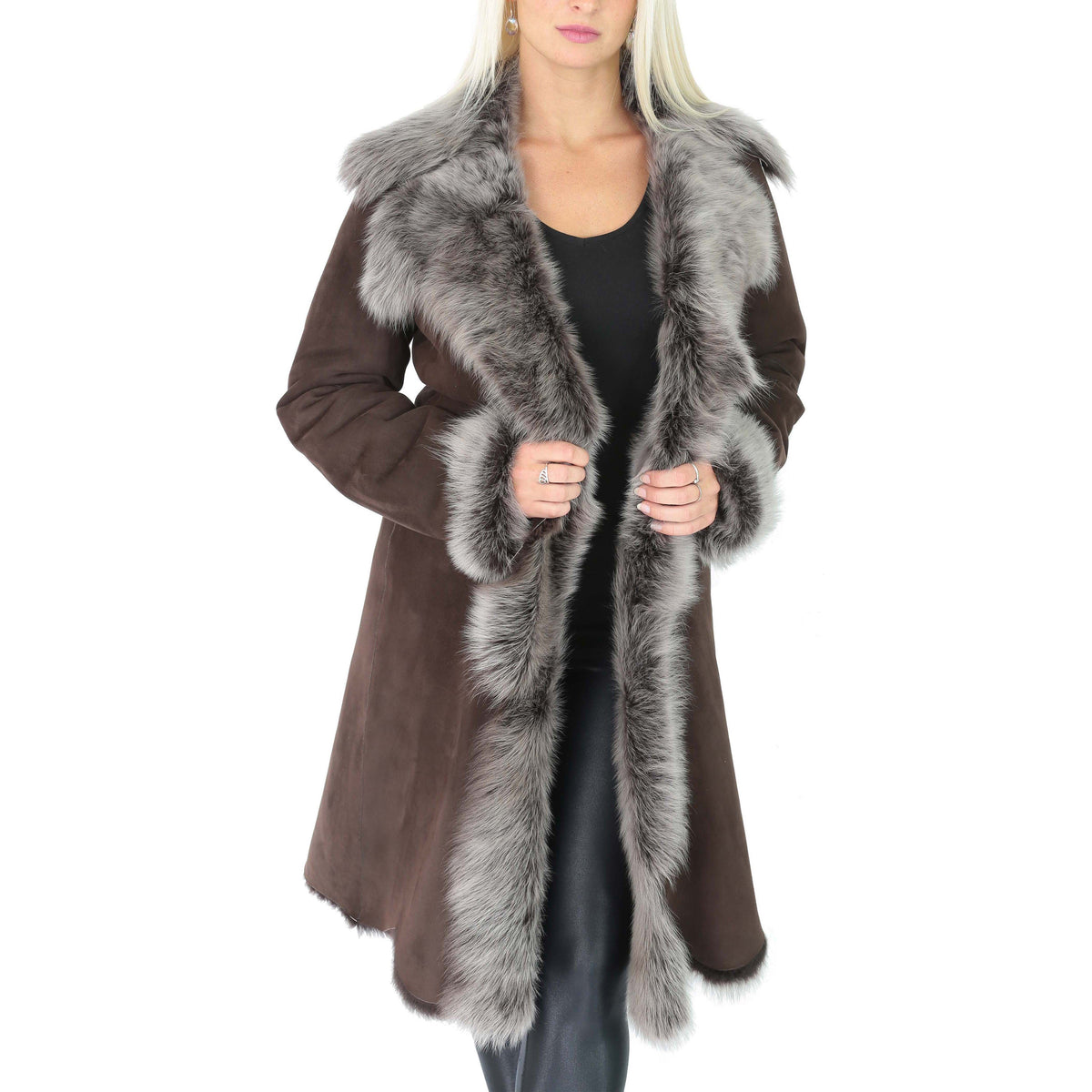 Womens 3/4 Length Toscana Shearling Luxury Coat Brown Brissa - genuine shearling coat in brown brissa with none outer pockets