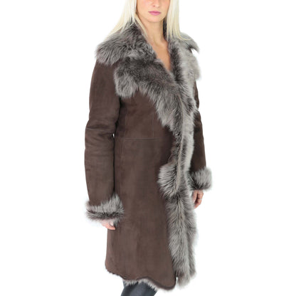 Womens 3/4 Length Toscana Shearling Luxury Coat Brown Brissa - genuine shearling coat in brown brissa with 3/4 length