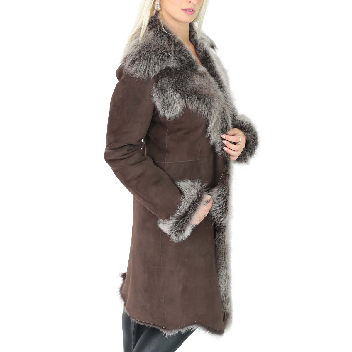 Womens 3/4 Length Toscana Shearling Luxury Coat Brown Brissa - genuine shearling coat in brown brissa with none outer pockets