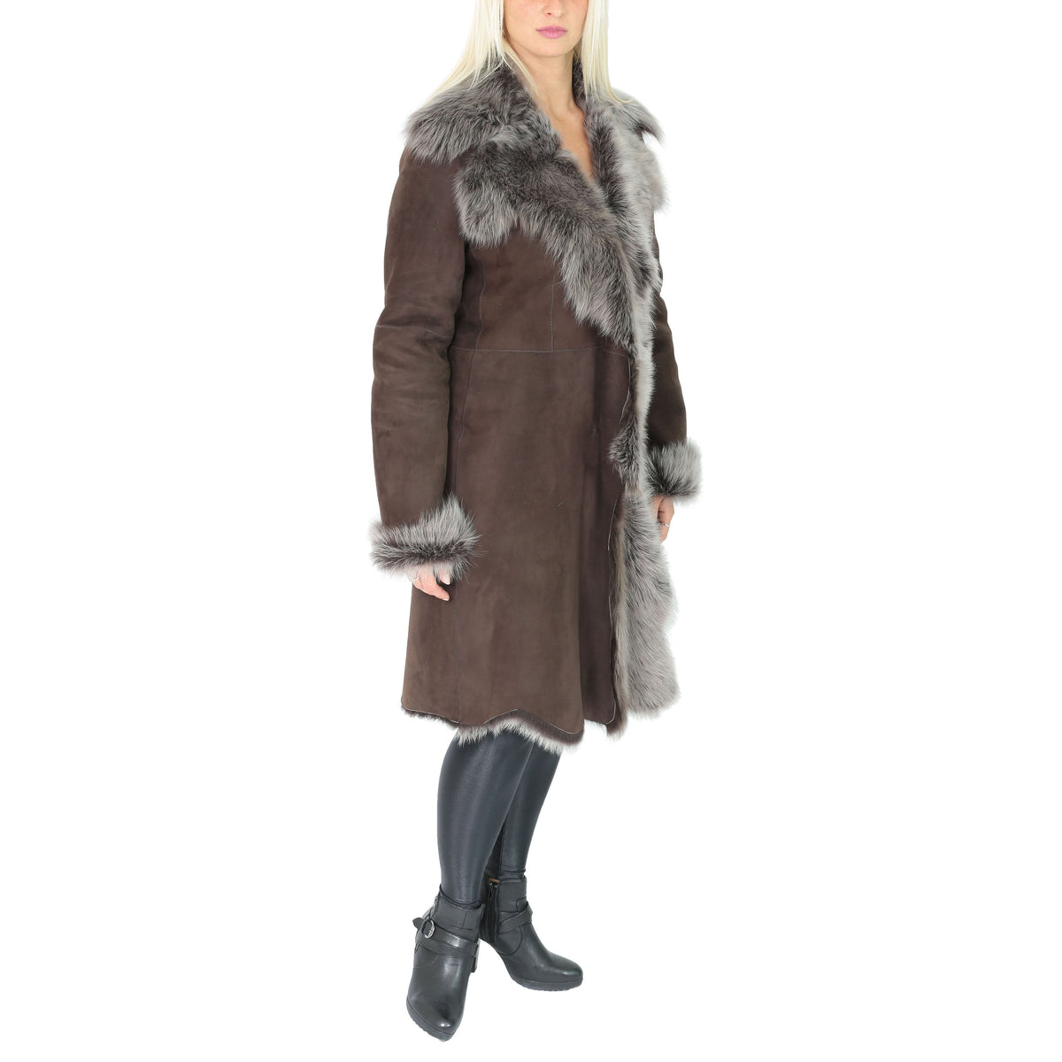Womens 3/4 Length Toscana Shearling Luxury Coat Brown Brissa - genuine shearling coat in brown brissa with 3/4 length