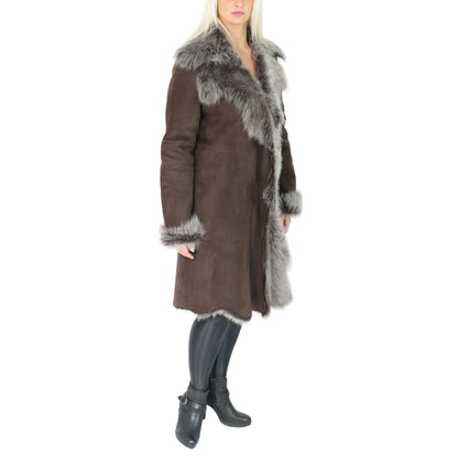 Womens 3/4 Length Toscana Shearling Luxury Coat Brown Brissa - genuine shearling coat in brown brissa with 3/4 length