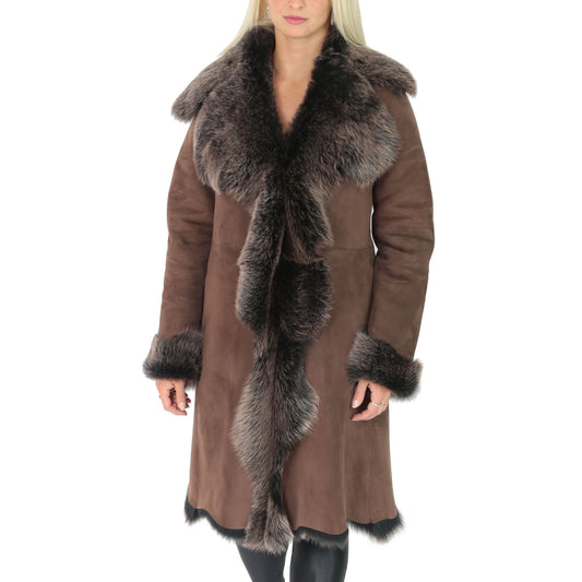 Womens 3/4 Length Toscana Shearling Luxury Coat Brown Gold - genuine sheepskin coat with none outer pockets