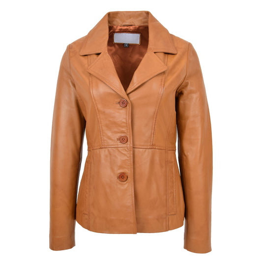 Womens Classic Three Button Leather Blazer Ruth Tan - genuine leather jacket in tan with two outer pockets