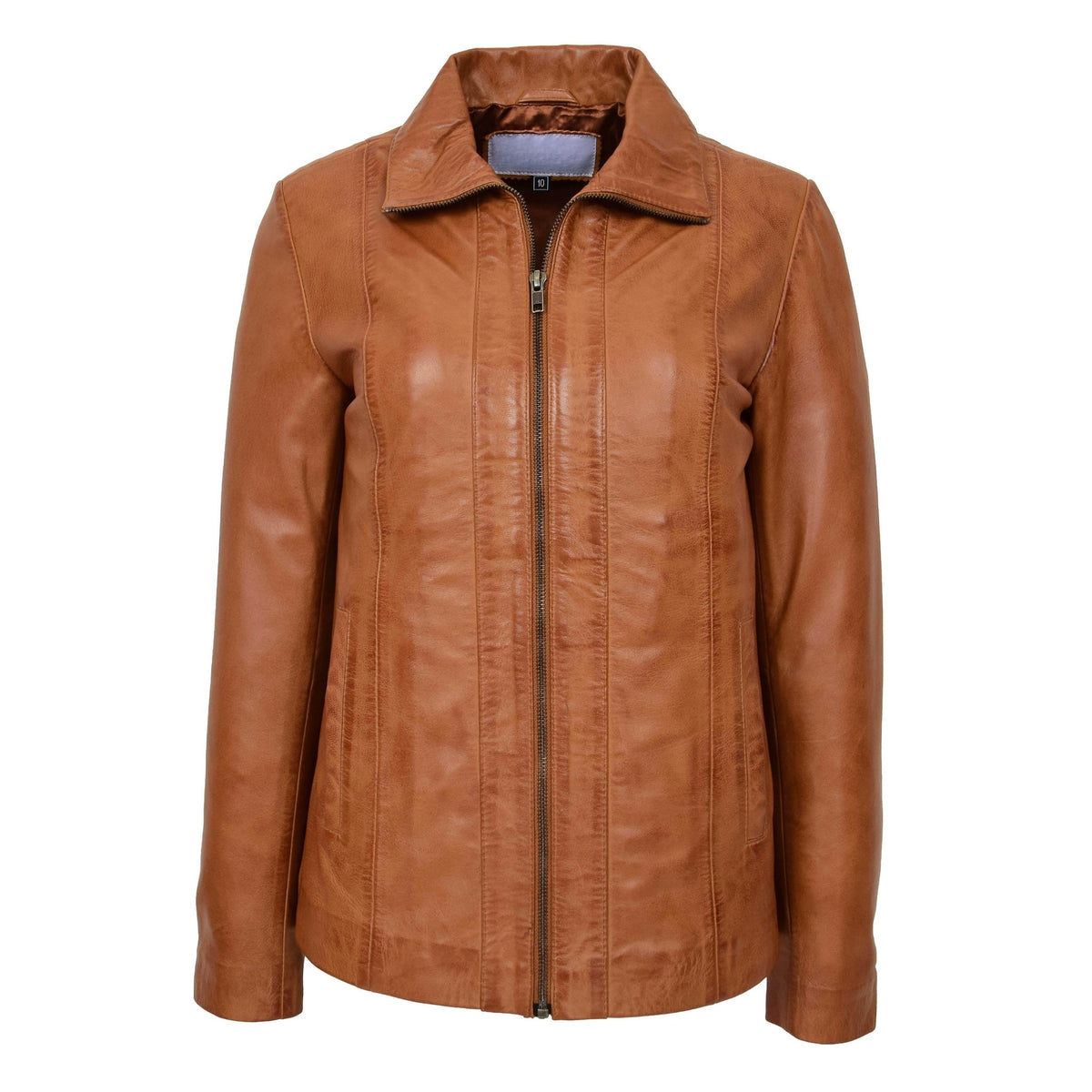 Womens Classic Zip Fastening Leather Jacket Julia Tan - genuine leather jacket in tan with two outer pockets