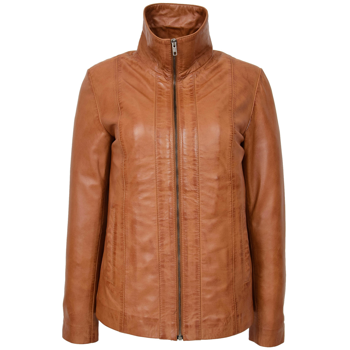 Womens Classic Zip Fastening Leather Jacket Julia Tan - genuine leather jacket in tan with two outer pockets