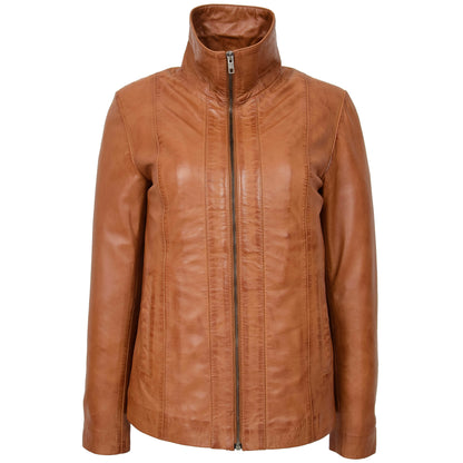 Womens Classic Zip Fastening Leather Jacket Julia Tan - genuine leather jacket in tan with two outer pockets