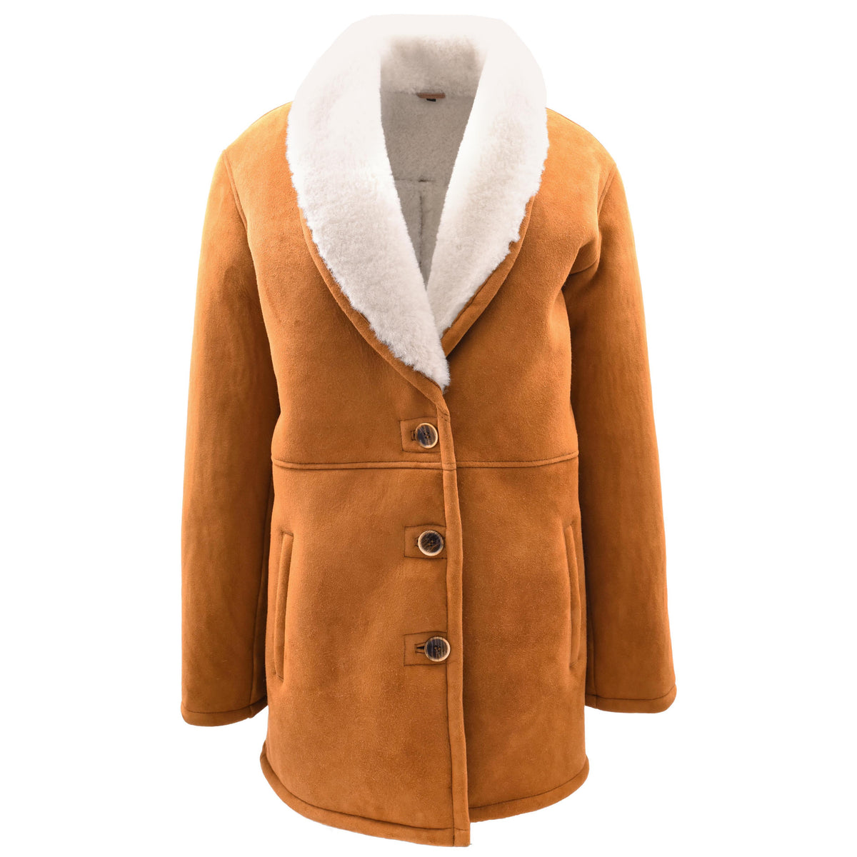 Womens Cognac Sheepskin Coat Mid Length White Merino Brenda - genuine sheepskin coat with two outer pockets