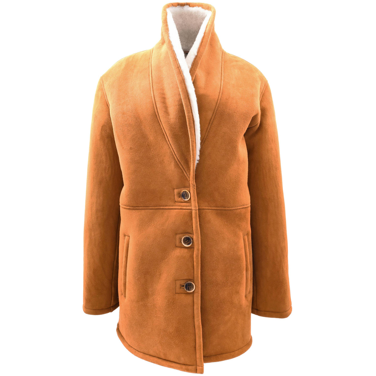 Womens Cognac Sheepskin Coat Mid Length White Merino Brenda - genuine sheepskin coat with two outer pockets