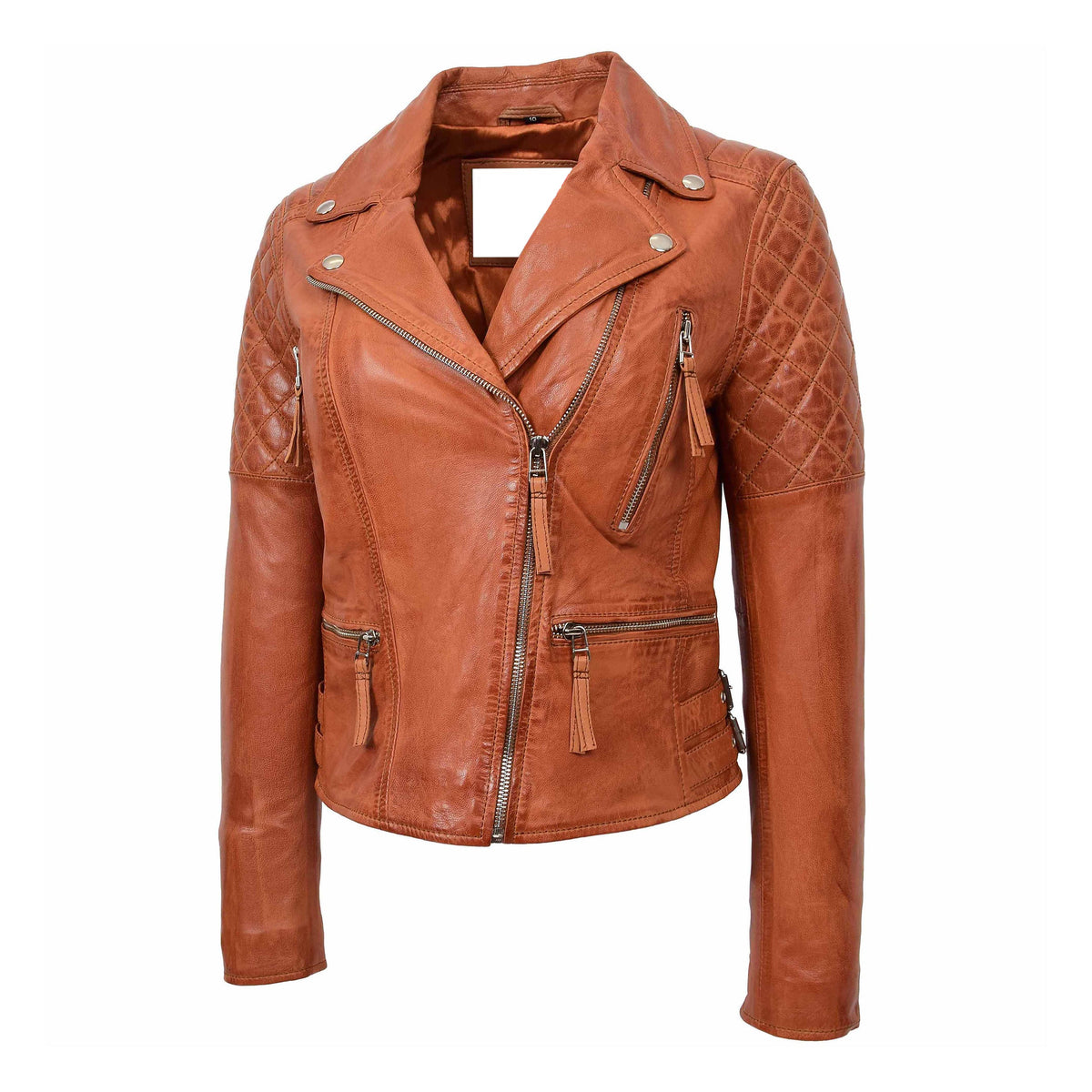 Womens Cross Zip Biker Leather Jacket Claudia Cognac - genuine leather jacket in cognac with cross zip