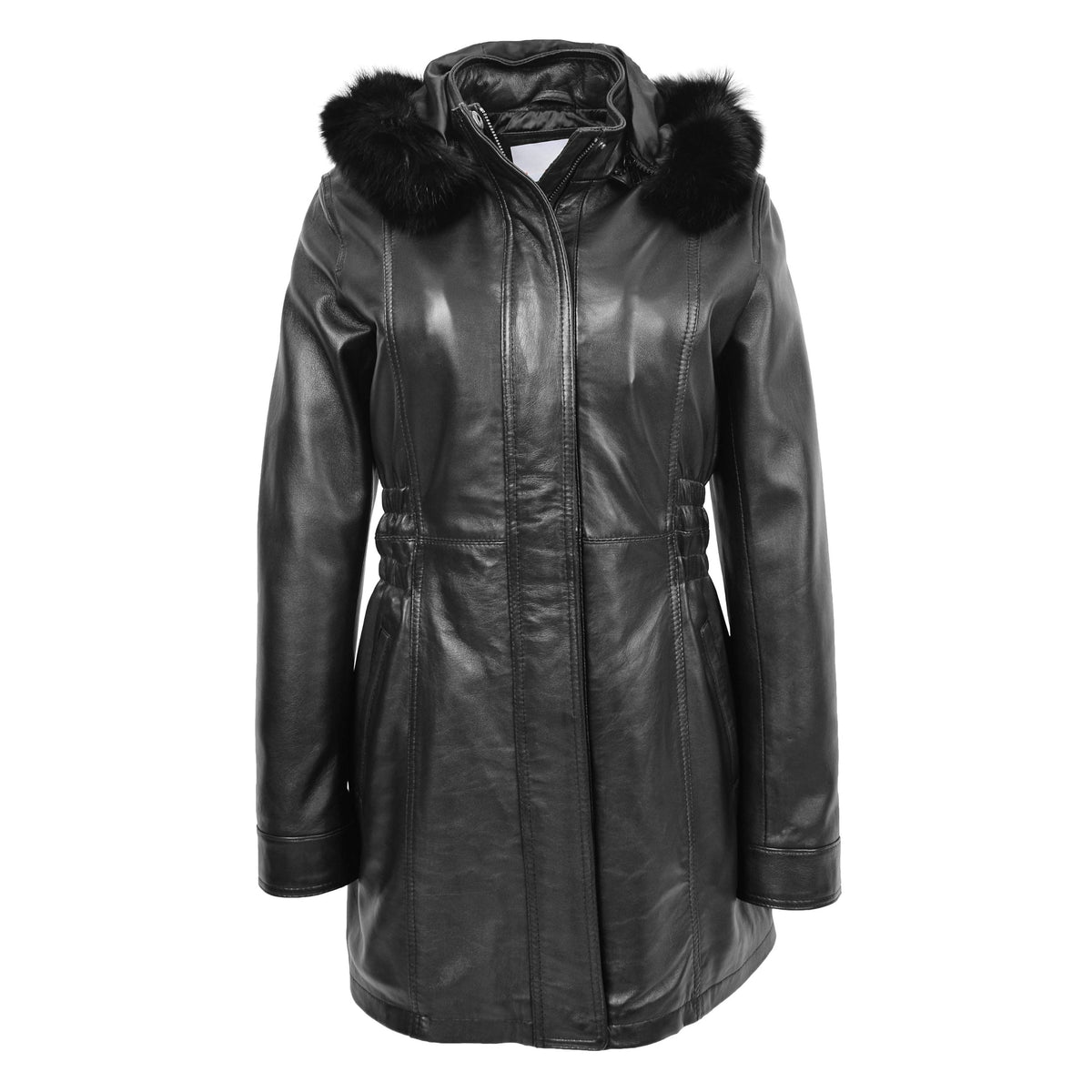 Womens Detachable Hoodie Leather Coat Kathy Black - genuine leather coat in black with two outer pockets