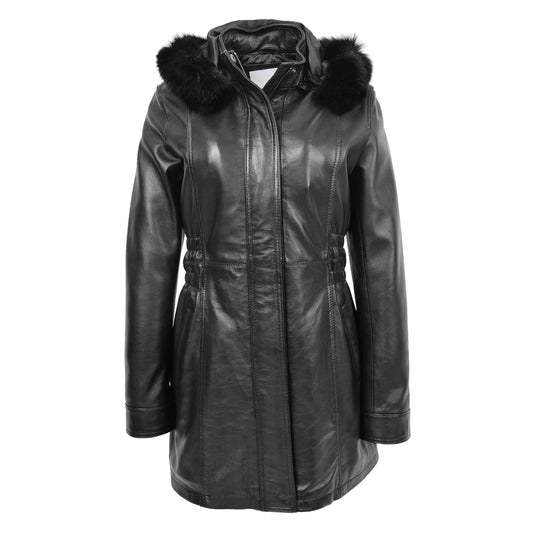 Womens Detachable Hoodie Leather Coat Kathy Black - genuine leather coat in black with two outer pockets