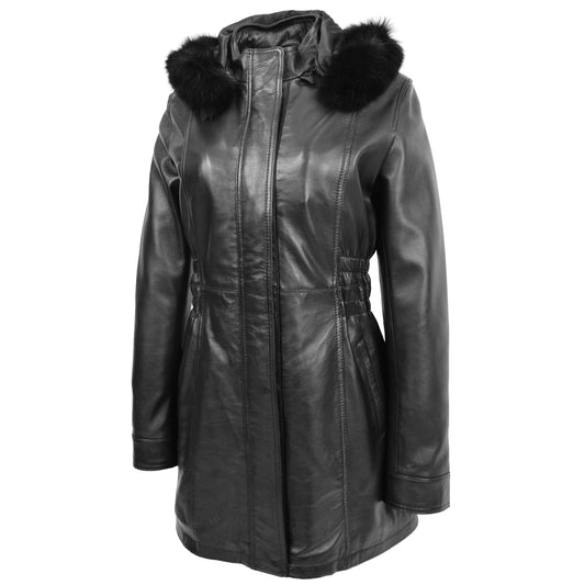 Womens Detachable Hoodie Leather Coat Kathy Black - genuine leather coat in black with detachable hood