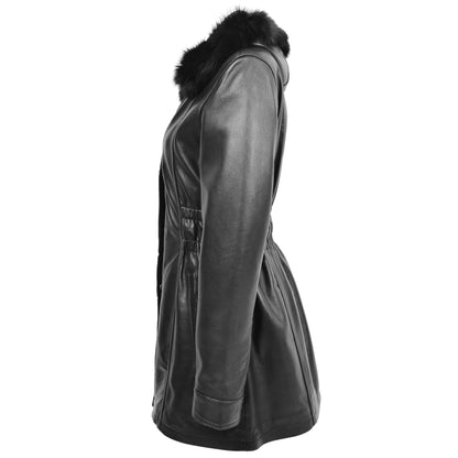 Womens Detachable Hoodie Leather Coat Kathy Black - genuine leather coat in black with two outer pockets