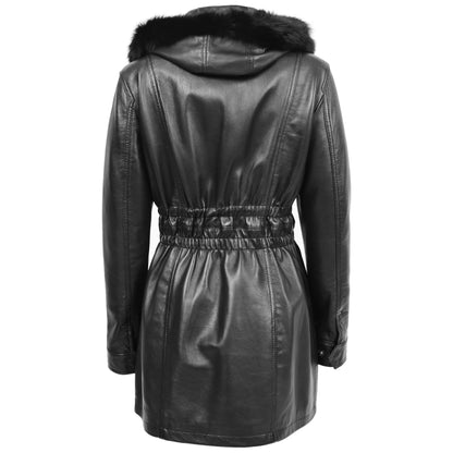 Womens Detachable Hoodie Leather Coat Kathy Black - genuine leather coat in black with detachable hood