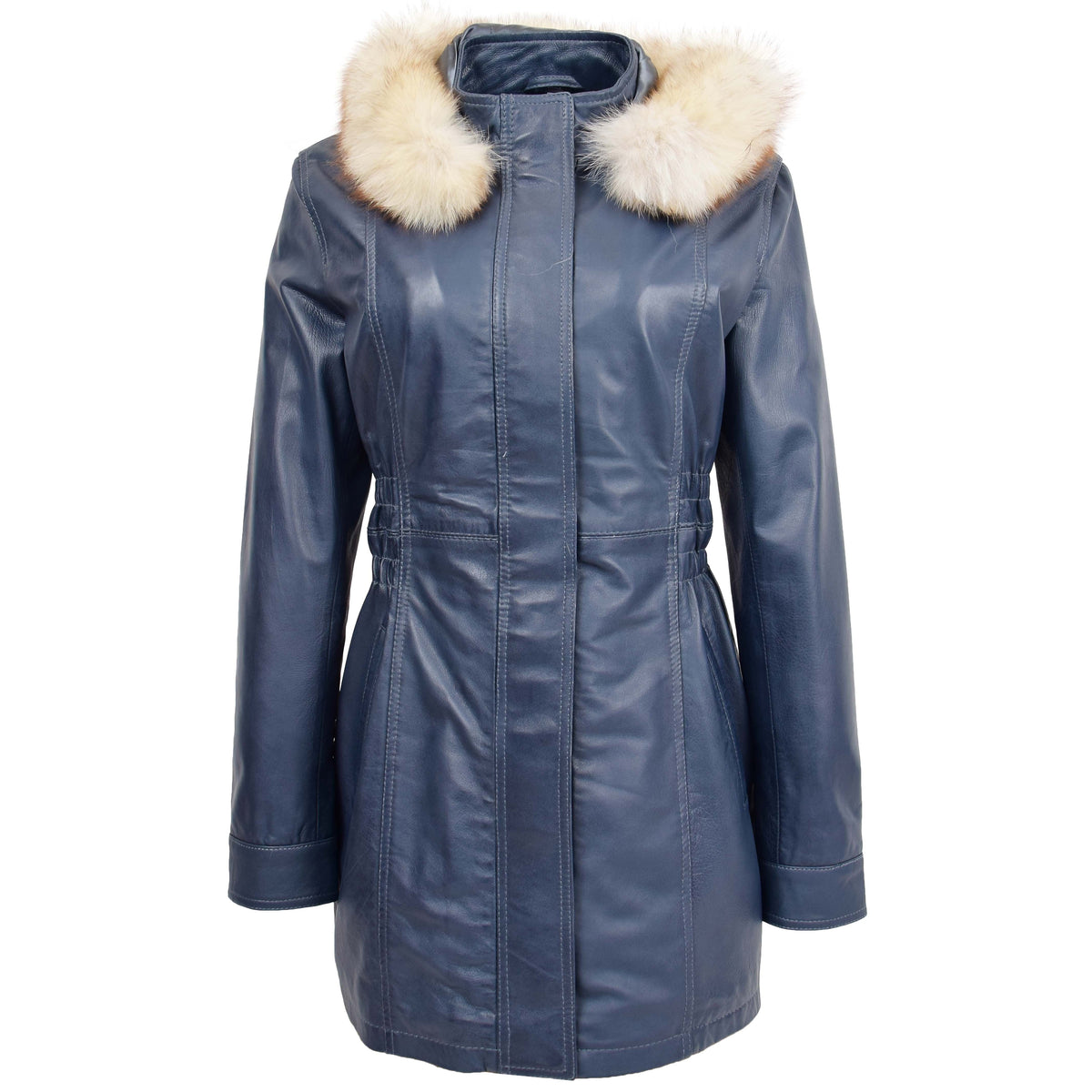Womens Detachable Hoodie Leather Coat Kathy Blue - genuine leather coat in blue with two outer pockets