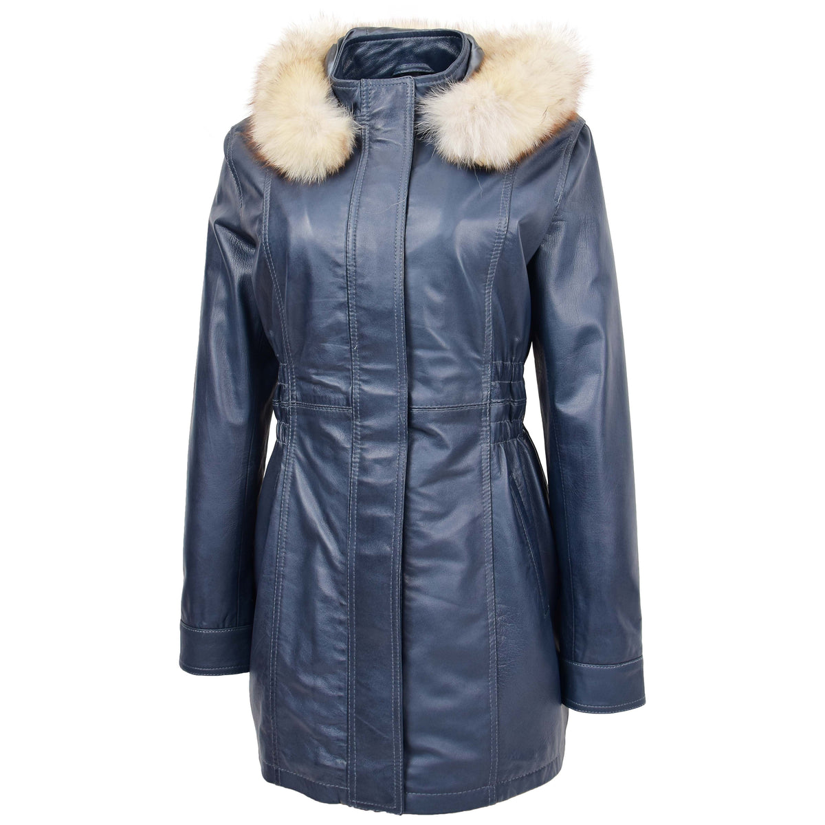 Womens Detachable Hoodie Leather Coat Kathy Blue - genuine leather coat in blue with detachable hood
