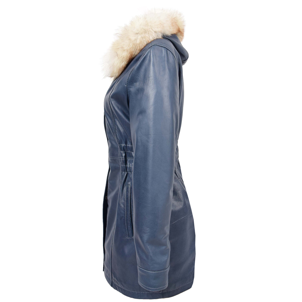 Womens Detachable Hoodie Leather Coat Kathy Blue - genuine leather coat in blue with two outer pockets