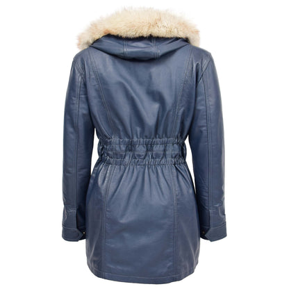 Womens Detachable Hoodie Leather Coat Kathy Blue - genuine leather coat in blue with detachable hood
