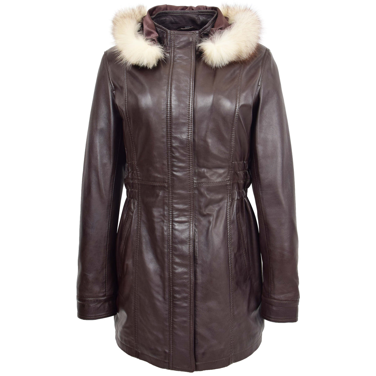 Womens Detachable Hoodie Leather Coat Kathy Brown - genuine leather coat in brown with two outer pockets