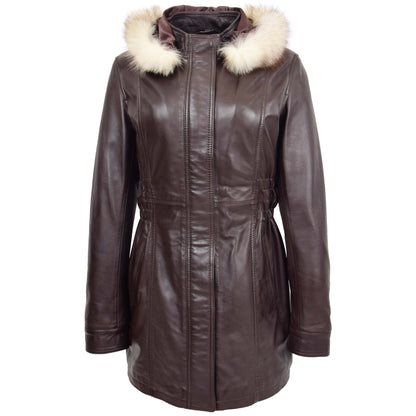 Womens Detachable Hoodie Leather Coat Kathy Brown - genuine leather coat in brown with two outer pockets