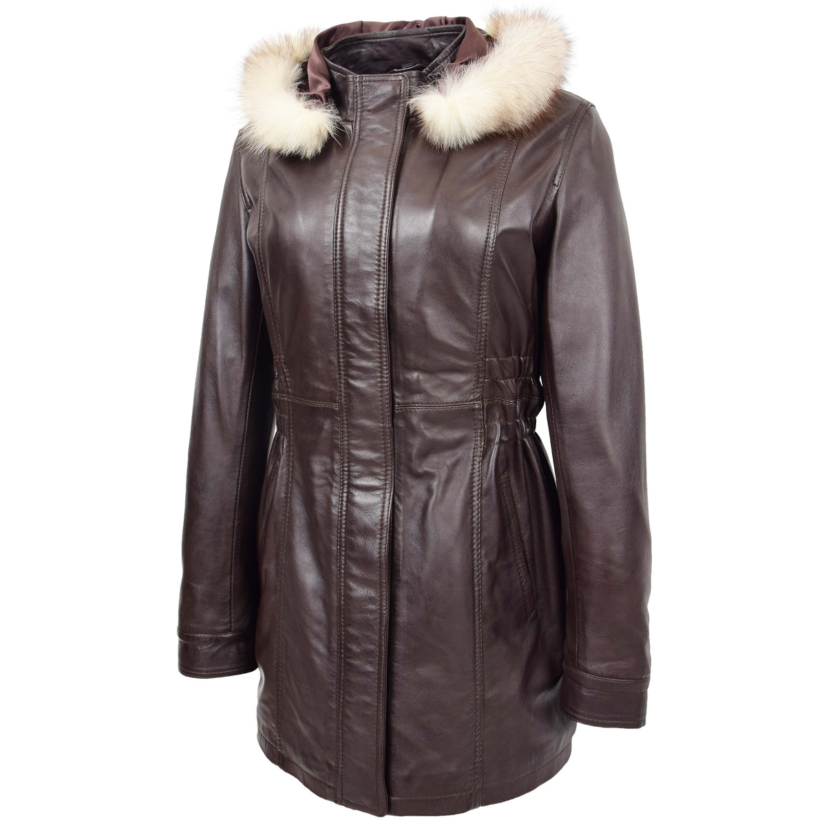 Womens Detachable Hoodie Leather Coat Kathy Brown - genuine leather coat in brown with detachable hood