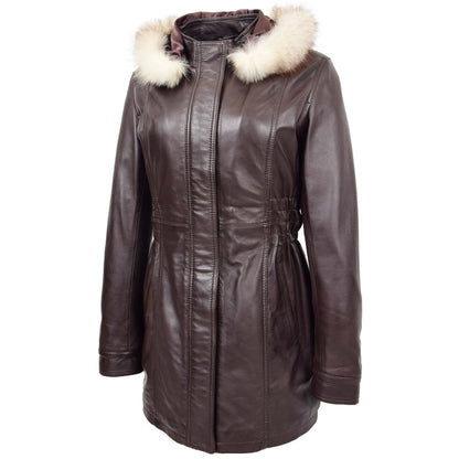 Womens Detachable Hoodie Leather Coat Kathy Brown - genuine leather coat in brown with detachable hood