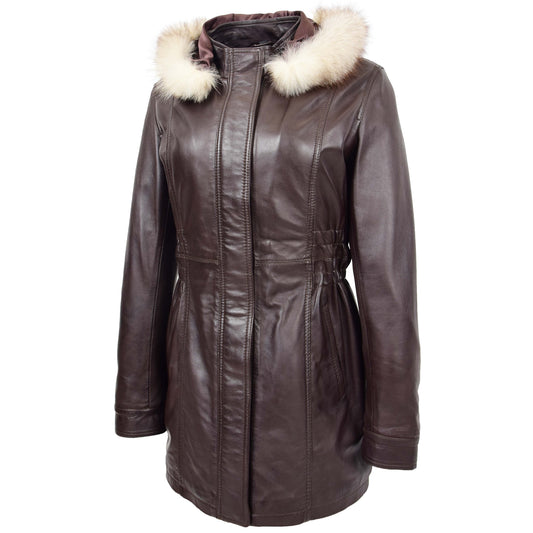 Womens Detachable Hoodie Leather Coat Kathy Brown - genuine leather coat in brown with detachable hood