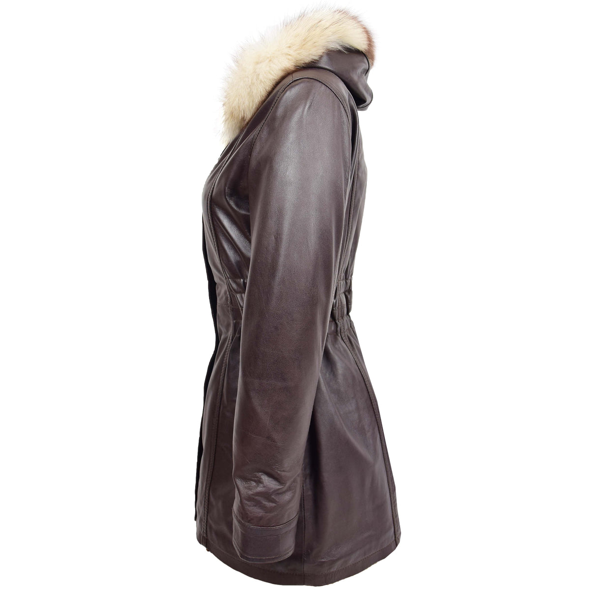 Womens Detachable Hoodie Leather Coat Kathy Brown - genuine leather coat in brown with two outer pockets