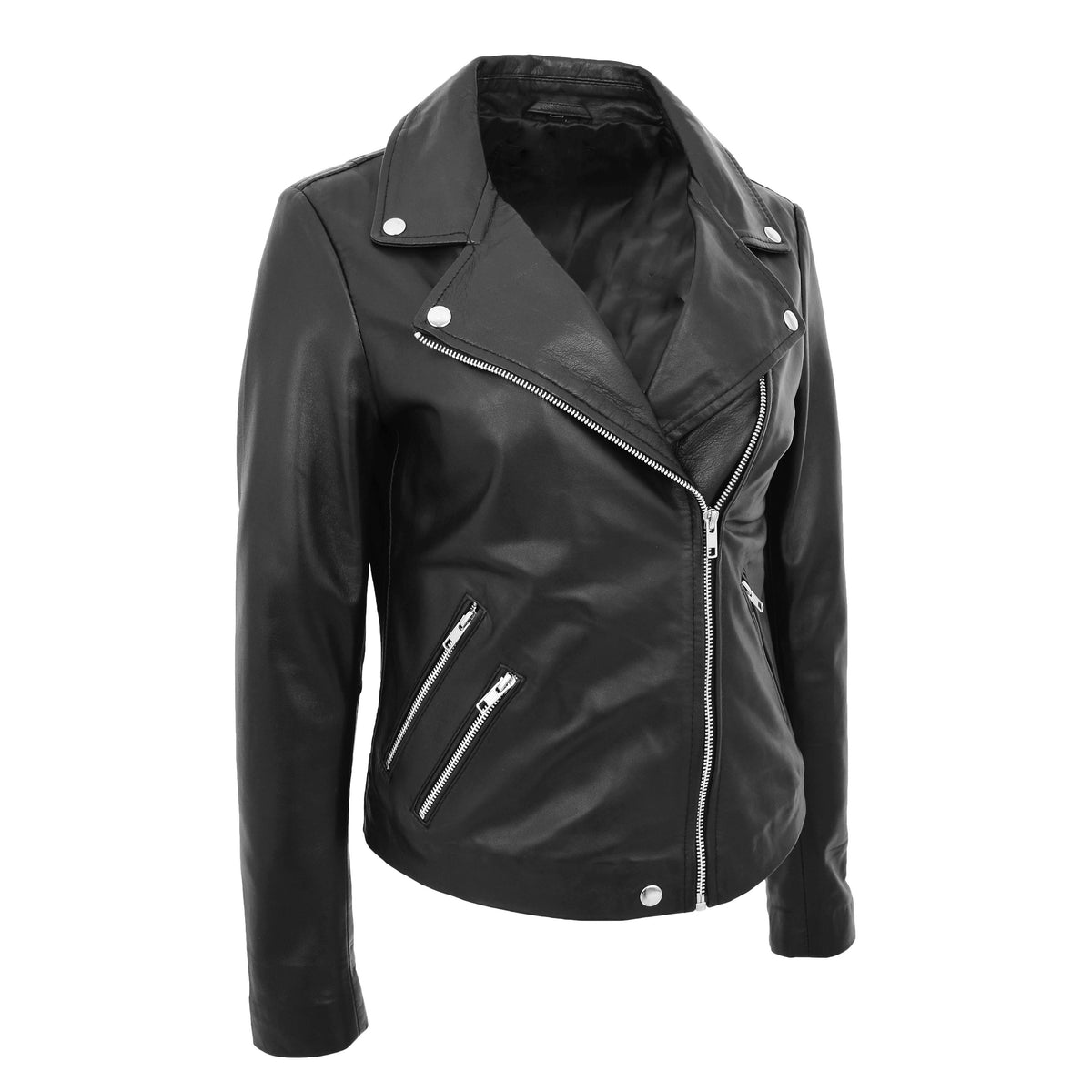 Womens Leather Biker Style Jacket Cross Zip Maya Black - genuine leather jacket in black with biker