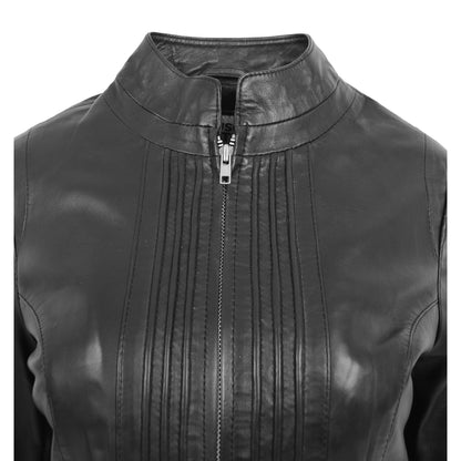 Womens Leather Casual Standing Collar Jacket Ivy Black - genuine leather jacket in black with two outer pockets