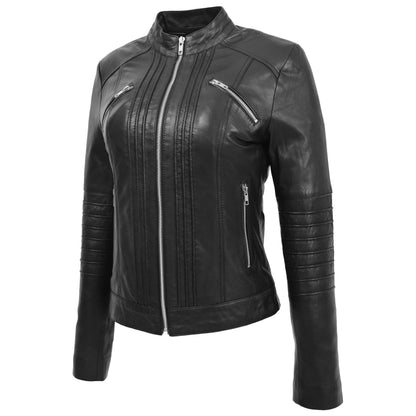 Womens Leather Classic Biker Style Jacket Alice Black - genuine leather jacket in black with biker