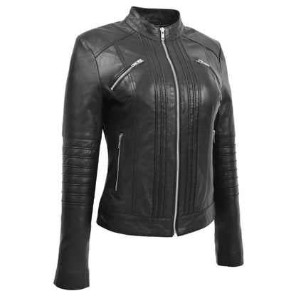 Womens Leather Classic Biker Style Jacket Alice Black - genuine leather jacket in black with four outer pockets