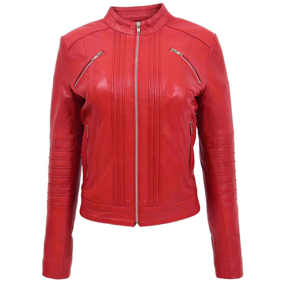 Womens Leather Classic Biker Style Jacket Alice Red - genuine leather jacket in red with four outer pockets