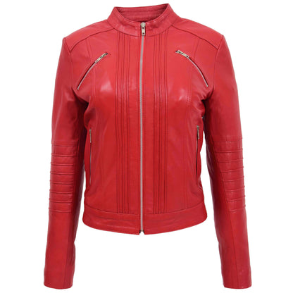 Womens Leather Classic Biker Style Jacket Alice Red - genuine leather jacket in red with four outer pockets