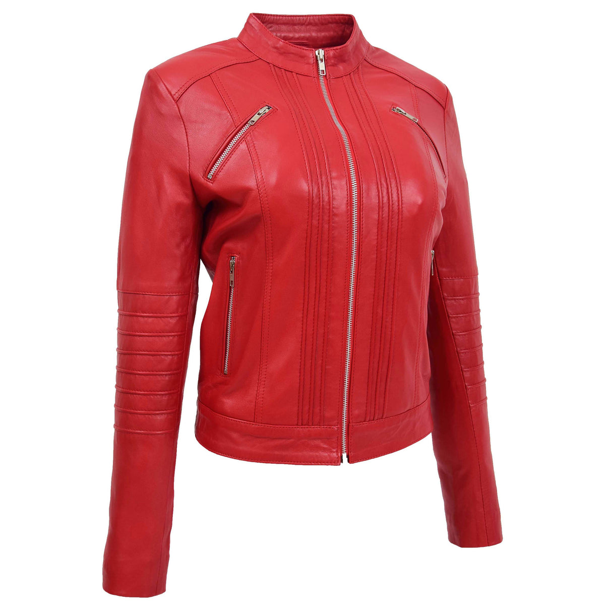 Womens Leather Classic Biker Style Jacket Alice Red - genuine leather jacket in red with four outer pockets