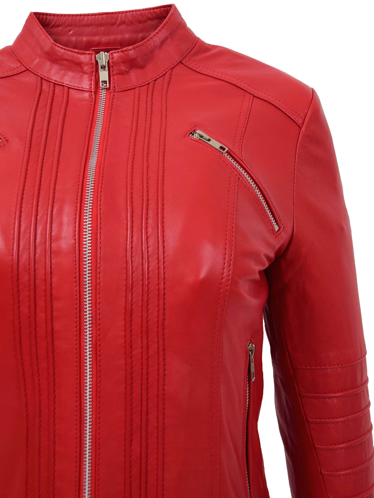 Womens Leather Classic Biker Style Jacket Alice Red - genuine leather jacket in red with four outer pockets